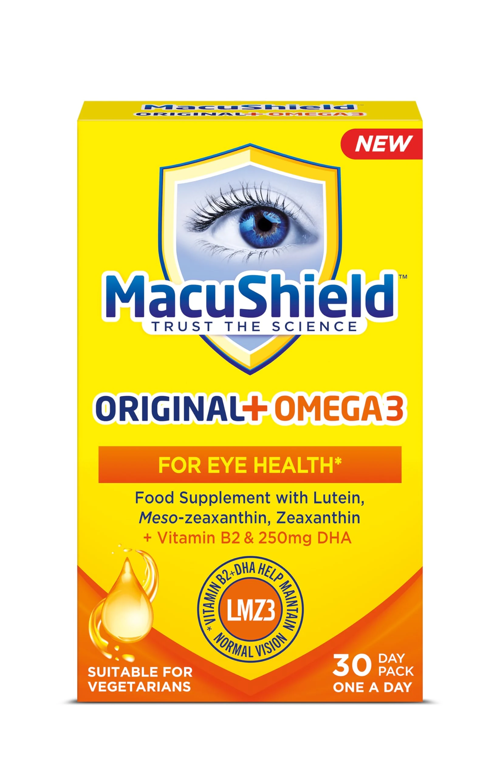 MacuShield Original+ Omega 3-30 day pack, Eye Supplement with Lutein, Meso-Zeaxanthin and Zeaxanthin, and Vitamin B2 which helps Support Normal Vision