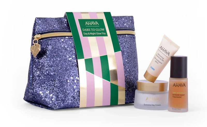 AHAVA Dare to Glow Gift Set – Includes Extreme Night Treatment (30ml), Extreme Day Cream (50ml), Multivitamin Massage Mask (50ml), and a Sample of Crystal Osmoter X6 Serum