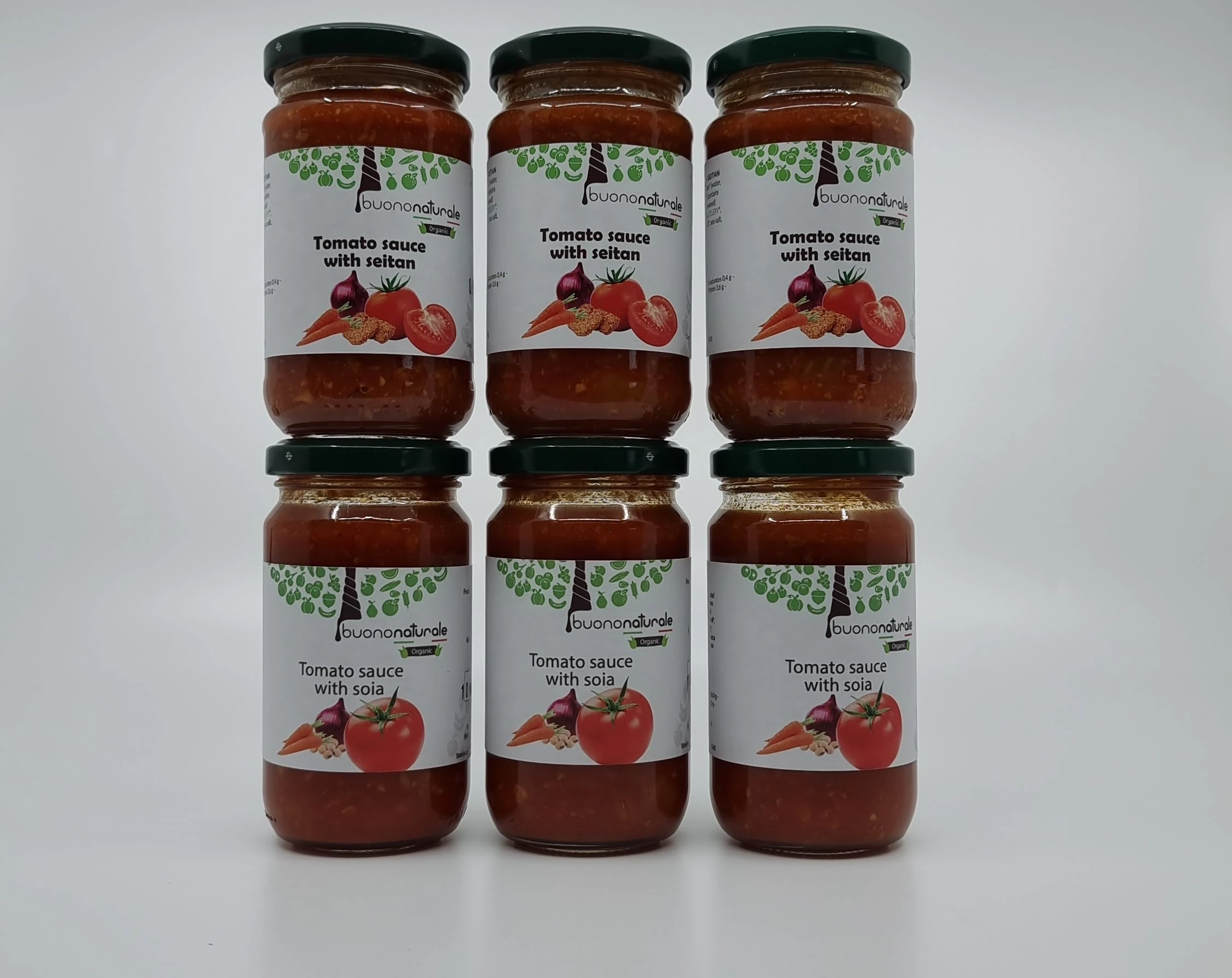 buononaturale Sauce mix box ORGANIC 1.14kg — bulk pack of 2 types of vegan ragouts: 3pcs Tomato sauce with seitan ORGANIC (3x120g) and 3pcs Tomato sauce with soia ORGANIC (3x120g)