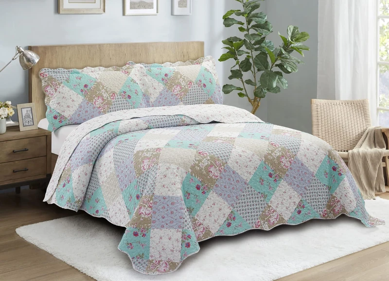Brilliant Sunshine Blue and Green Rose Patchwork, 3-Piece Quilt Set with 2 Shams, Reversible Bedspread, Soft Lightweight Coverlet, All-Season, King, Blue Green