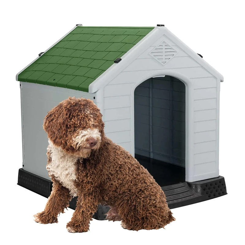 Aqpet Plastic Dog Kennel for Outdoor Indoor Home Garden Waterproof with Raised Floor for Dogs Large Size 105 x 96 x 98 H, Green