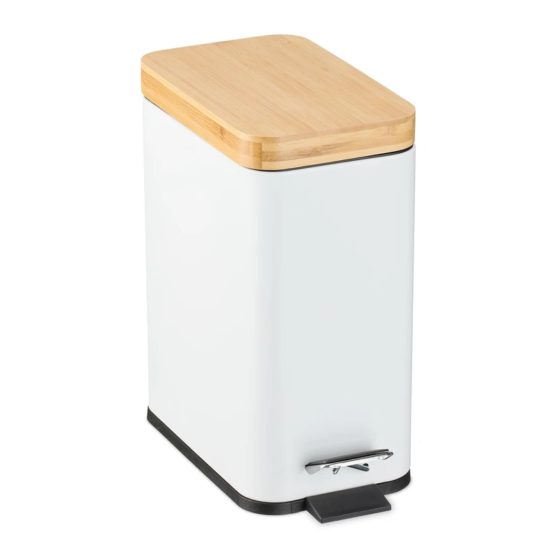 Relaxdays Step Pedal Bin, 5L, Soft-Close Mechanism, Removable Inside, Bathroom Cosmetic Waste, Metal, Bamboo Lid, White, Iron, 29.5 x 14 x 29 cm