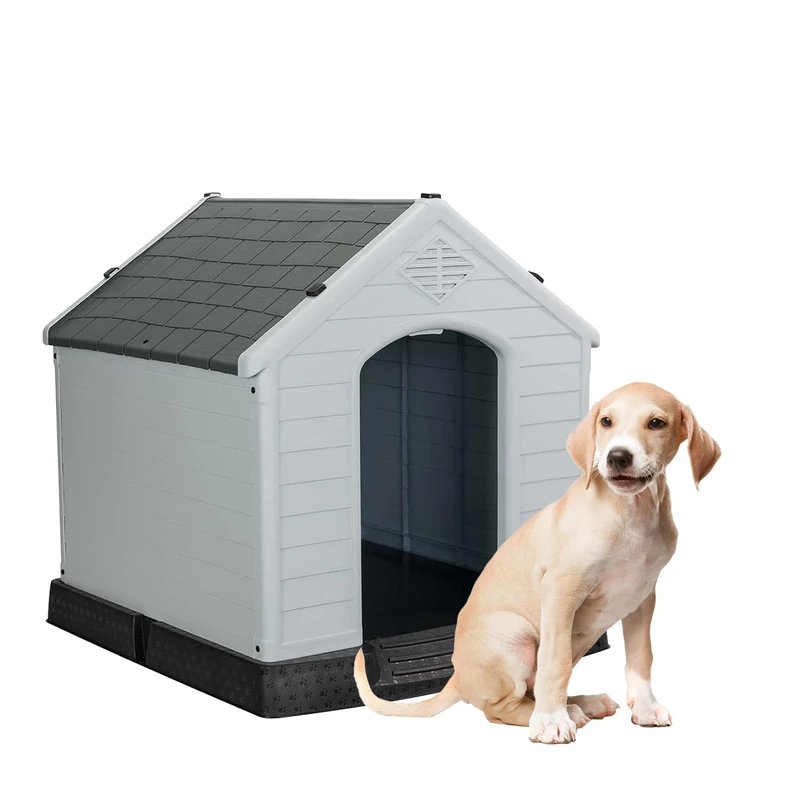 Aqpet Plastic Dog Kennel for Outdoor Indoor Home Garden Waterproof with Raised Floor for Dogs Medium Size 87 x 78 x 81 H, Grey