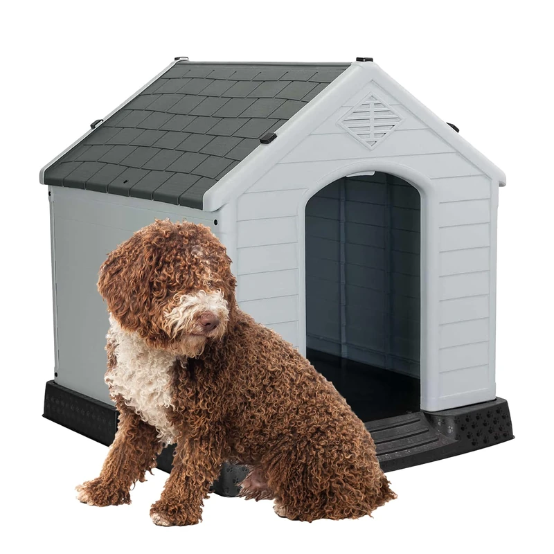 Aqpet Plastic Dog Kennel for Outdoor Indoor Home Garden Waterproof with Raised Floor for Dogs Large Size 105 x 96 x 98 H, Grey