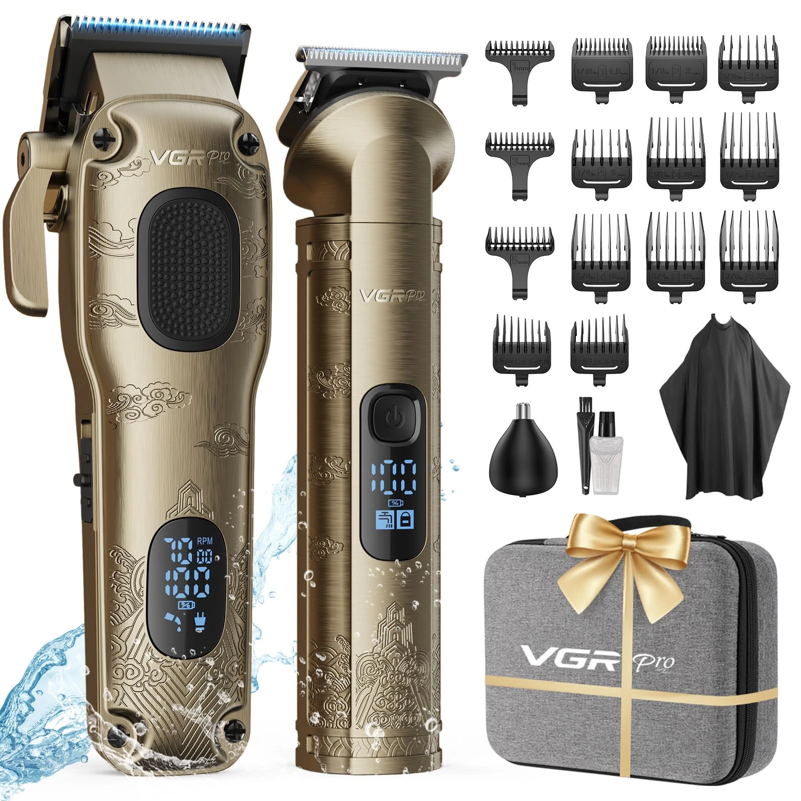 Vgrpro Hair Clippers Men Professional, Mens Clippers and Trimmers Set, USB Rechargeable Cordless Hair Clippers for Hair Cutting, Electric T-Blade Hair Trimmer for Men with Package Case (Gloden)