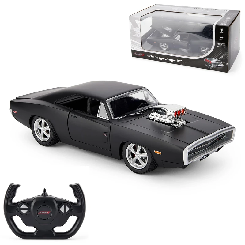 Officially Licensed RC 1970 Dodge Charger RT Car, 1:16 Scale, Remote Controlled with Sound Effects, LED Lights, Independent Suspension, Detailed Interior – Black