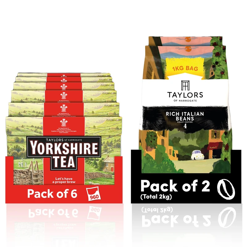 Yorkshire Tea Bundle (Total of 960 Tea Bags) + Taylors of Harrogate Rich Italian Coffee Beans (Total of 2kg) – Perfect for the Office