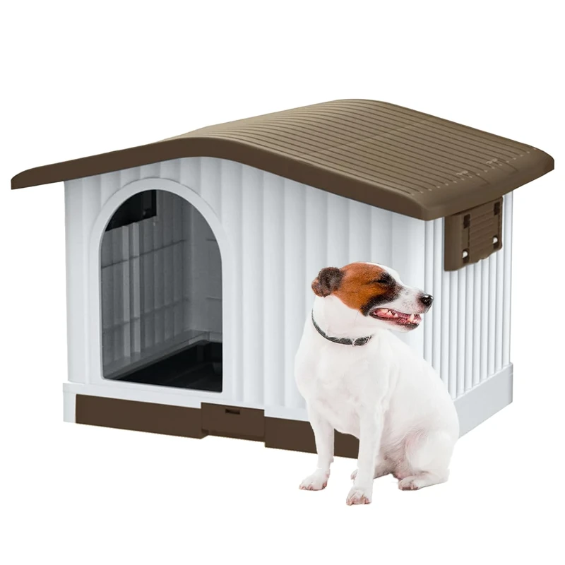 Aqpet Dog Kennel Plastic Dog House Garden Outdoor Indoor Raised Floor Lift Roof for Dogs Small Medium 87x74x61H Brown