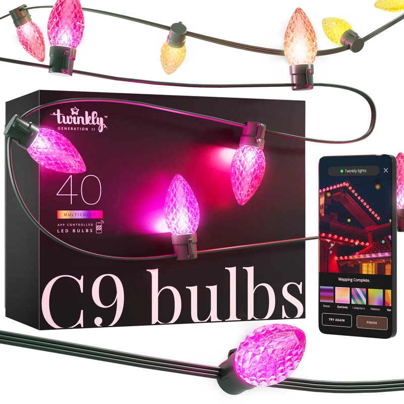 Twinkly C9 Bulbs 40 LED RGB, Mappable LED Bulbs for Outdoor and Indoor, Smart Multicolor LED Lights, Compatible with Alexa and Google Home, Gaming Lights, IP44, App Controlled, Green Wire, 12.2m
