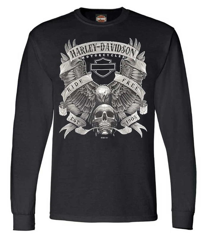 HARLEY-DAVIDSON Men's Fastened Bar & Shield Crew-Neck Long Sleeve Shirt - Black, Black, XL