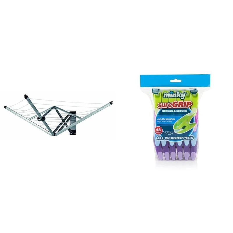Brabantia WallFix Retractable Washing Line with Protective Fabric Cover (24m) Wall-Mounted Foldaway Clothes Air Dryer (Silver) & Minky 48pk Sure Grip Pegs