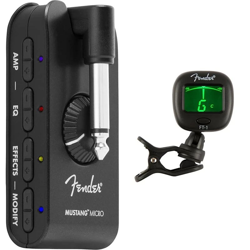 Fender Mustang Micro Amplifier - The Ultimate All-In-One Personal Headphone Amplifier & FT-1 Pro Clip-On Tuner, For Electric, Acoustic & Bass Guitars & Ukuleles, Black