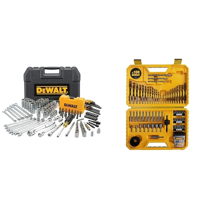 DEWALT Mechanics Tools Kit and Socket Set, 142-Piece, 1/4 & 3/8" Drive, MM/SAE (DWMT73802) & DT71563-QZ Combination Drill Bit Set - 100 Pieces - Black Durable Case Included
