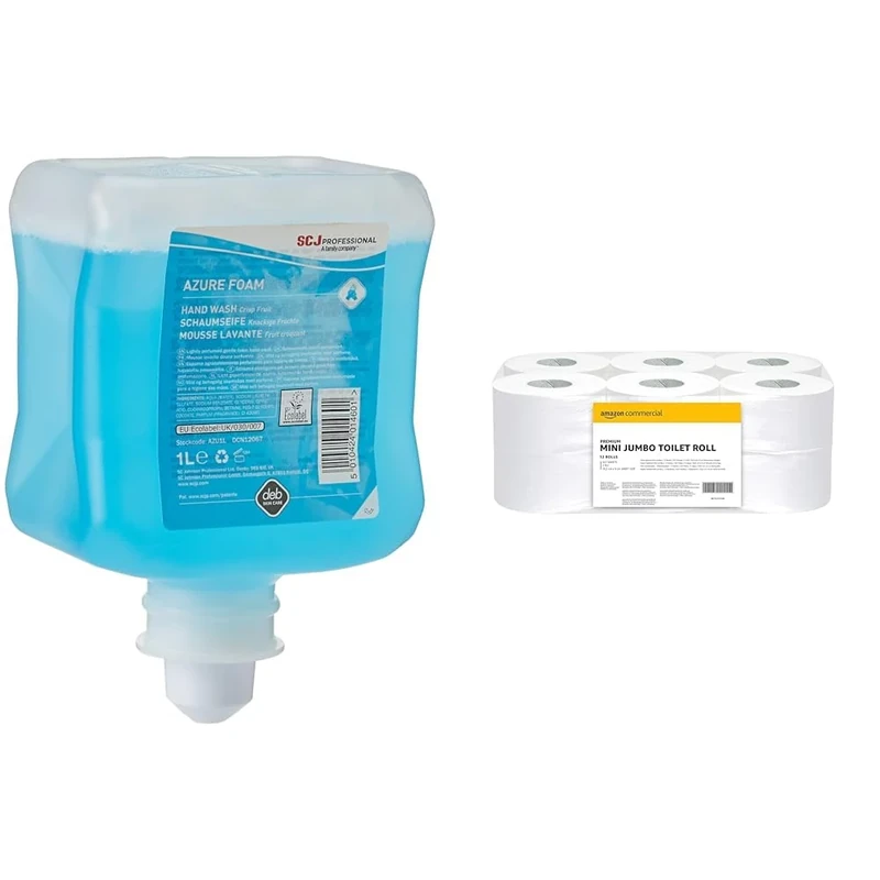 DEB AZU1L Azure Foam Refresh Hand Wash, 1L, Pack of 6 & AmazonCommercial 416647 2-Ply Mini Jumbo Toilet Roll, Unscented, White, 6684 count (12 Pack of 557 Sheets)