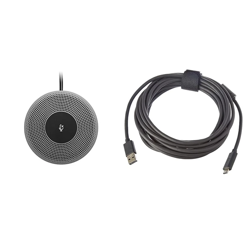 Logitech Expansion Mic for MeetUp, Plug-and-Play, Indicator Lights, Microphone Type Mono, Wideband, Noise Canceling, PC/Mac/Laptop/Macbook/Tablet - Black & Meetup USB Cable 5 m