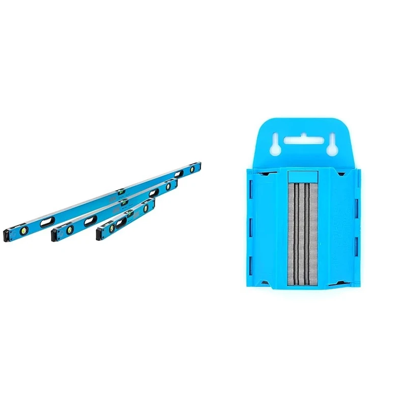 OX Pro Level Bag with 1800mm, 1200mm & 600mm Levels, Black/Blue & OX Pro 100 Pack Heavy Duty Knife Blades & Dispenser