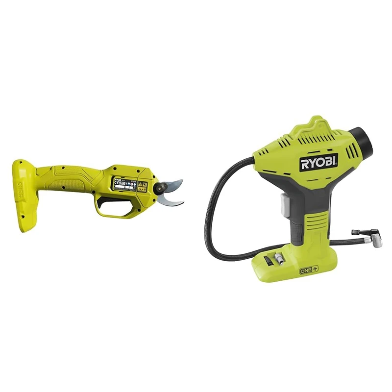 Ryobi RY18SCA-0 18V ONE+ Cordless Secateurs (Bare Tool), Black & R18PI-0 18V ONE+ Cordless High Pressure Inflator (Body Only), Grey - Image 1