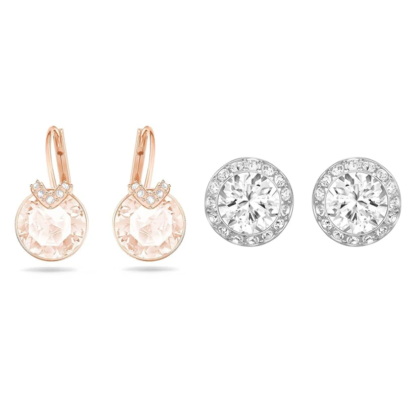 Swarovski Bella V drop earrings, Round cut, Pink, Rose gold-tone plated & Angelic stud earrings, Round cut, White, Rhodium plated