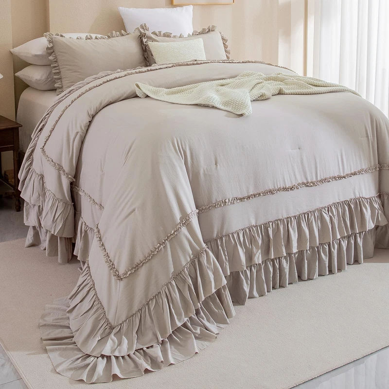QSH Taupe Oversized King Comforter Set 120x120,Shabby Vintage Chic Ruffled Bedding Comforter Farmhouse French Country Rustic Comforter Microfiber Soft Fluffy Lightweight Bedding 3 PCs