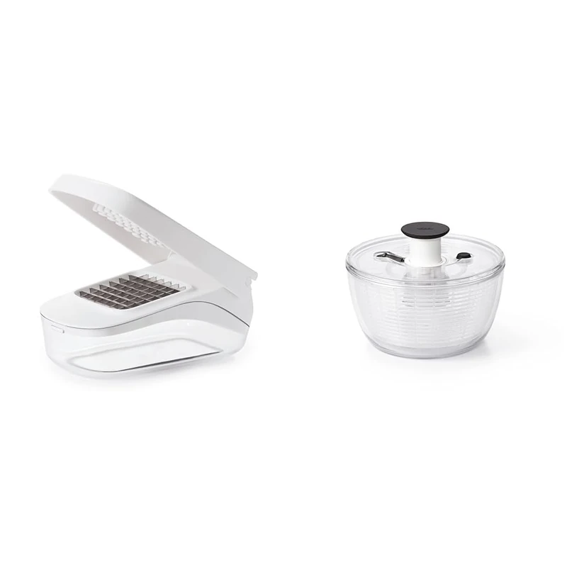 OXO Good Grips Vegetable Chopper with Easy-Pour Opening, White, 10.7 x 26.2 x 16.5 cm & Good Grips Little Salad & Herb Spinner, Plastic