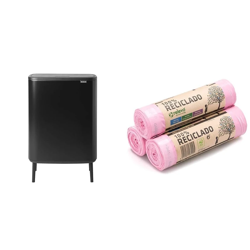 Brabantia Bo Touch Bin Hi - 2 x 30L Inner Buckets (Matt Black) Large Waste/Recycling Kitchen Bin - Soft-touch & Relevo 100% Recycled Scented Bin Liners, Heavy Duty 30L, 45 Bin Bags