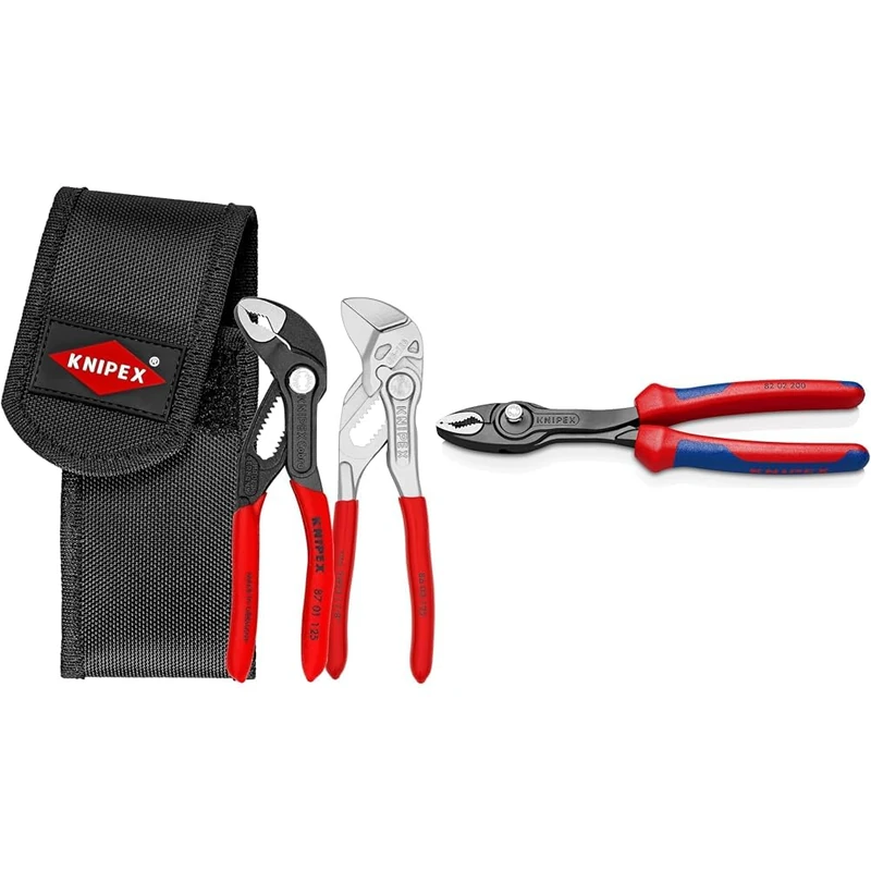 Knipex Mini Pliers Set in Belt Tool Pouch (self-Service Card/Blister) 00 20 72 V04 & TwinGrip Slip Joint Pliers Black atramentized, with Multi-Component Grips 200 mm 82 02 200