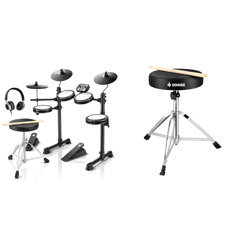 Donner DED-80 Electric Drum Kit, Electronic Drum Sets for Beginner with 4 Quiet Mesh Drum Pads & Drum Throne Set, Padded Seat Height Adjustable Drum Stools, 5A Drumsticks Included
