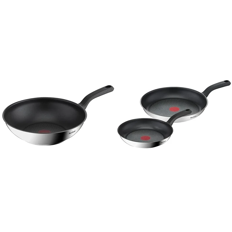 Tefal 28cm Comfort Max Stainless Steel Non-Stick Wok, Silver & 2 Piece Comfort Max, 24cm & 28cm Frying Pans, Stainless Steel, Silver, Black