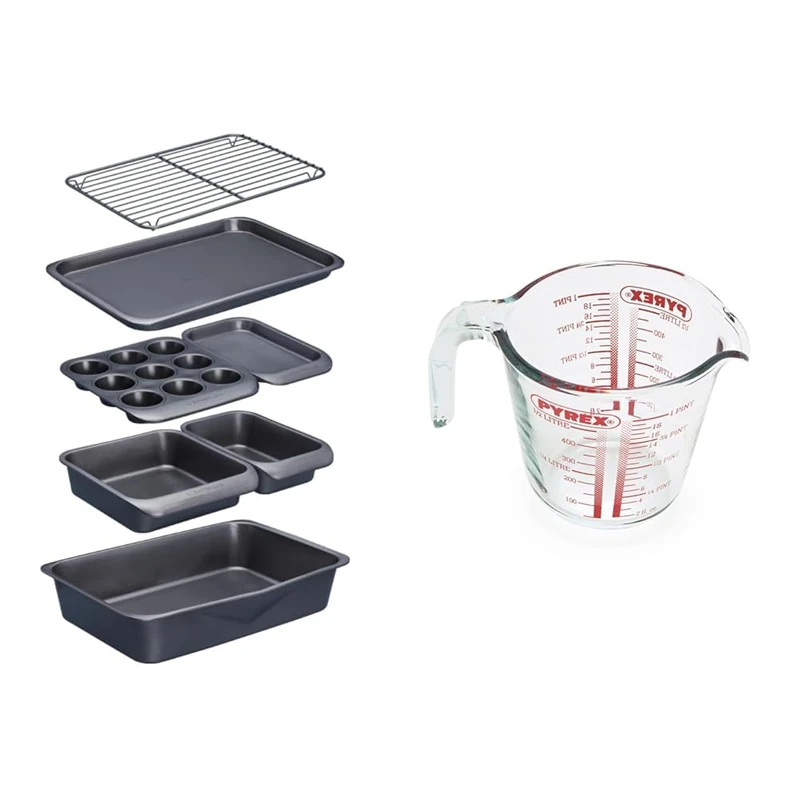 MasterClass Smart Space Stacking Non-Stick Bakeware Set, 7 Piece Baking Trays, Gift Boxed & Pyrex Measuring Jug 500ml | Capacity 568ml / 20 Ounce | P586, Multicolor