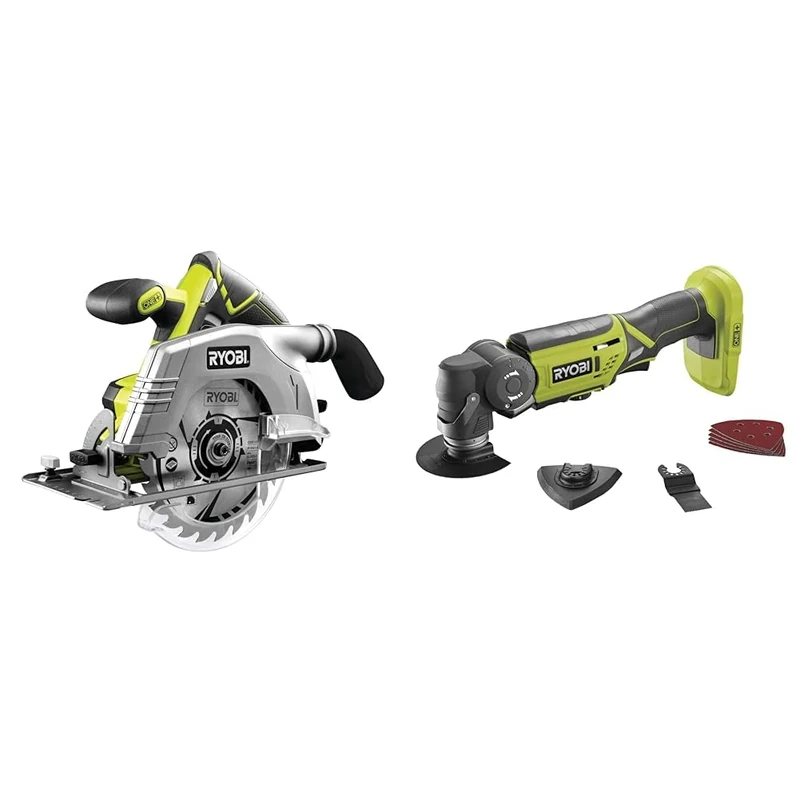 Ryobi R18CS-0 ONEPlus 18 V Cordless Circular Saw, 165 mm (Body Only) & ONEPlus R18MT-0 18V Cordless Multi Tool (Zero Tool), Hyper Green