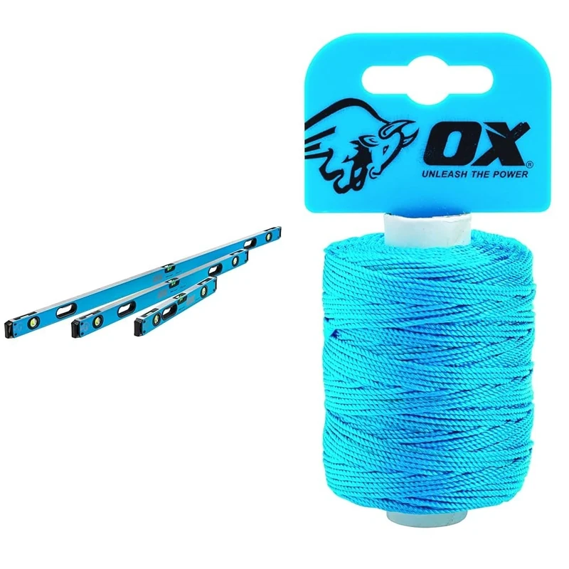 OX Pro Level Bag with 1800mm, 1200mm & 600mm Levels, Black/Blue & OX Pro Nylon High Vis Builders Line 105m / 350ft - Cyan