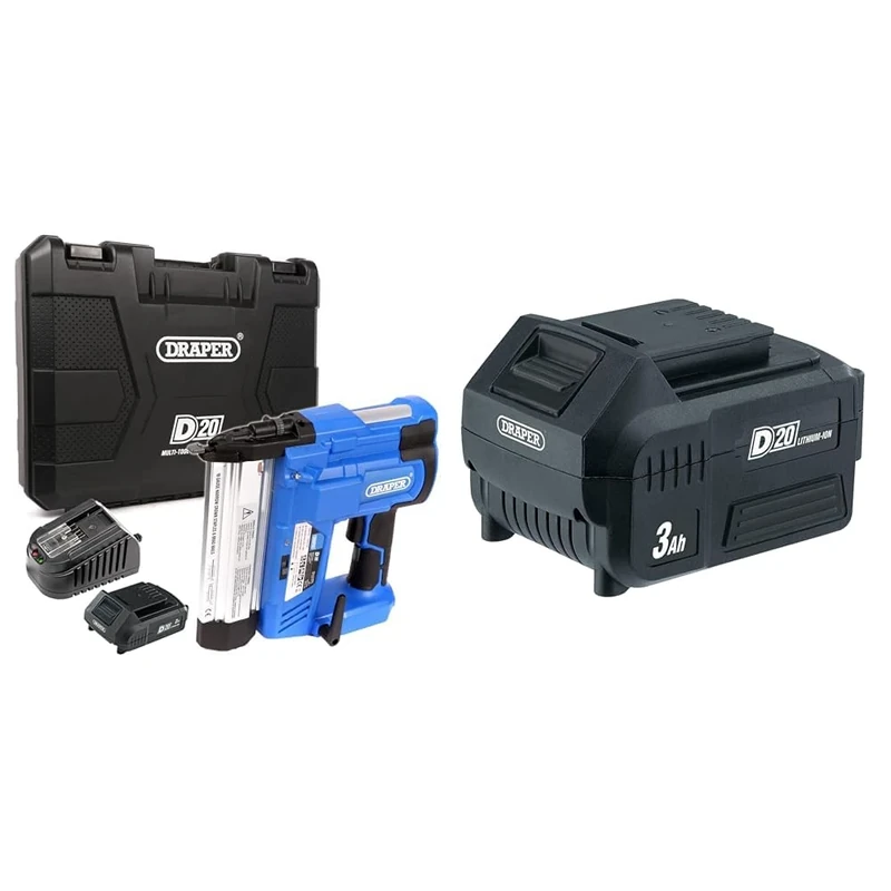 Draper 00646 D20 20V Nailer Stapler with 2Ah Battery and Charger, Blue & 00649 D20 20V Lithium Battery (3.0Ah)
