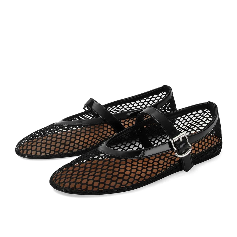 MICIFA Women's Mesh Ballet Flats Fishnet Ballerina Flats Buckle Strap Mary Jane Flats Causal Daily Dress Shoes, Black-FBA, 7 UK
