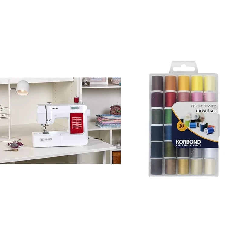 Brother CS10s Sewing Machine & Korbond All Purpose Thread Set - 1350m Polyester Thread, 30 Colours x 45m for Hand & Machine Sewing, Crafting