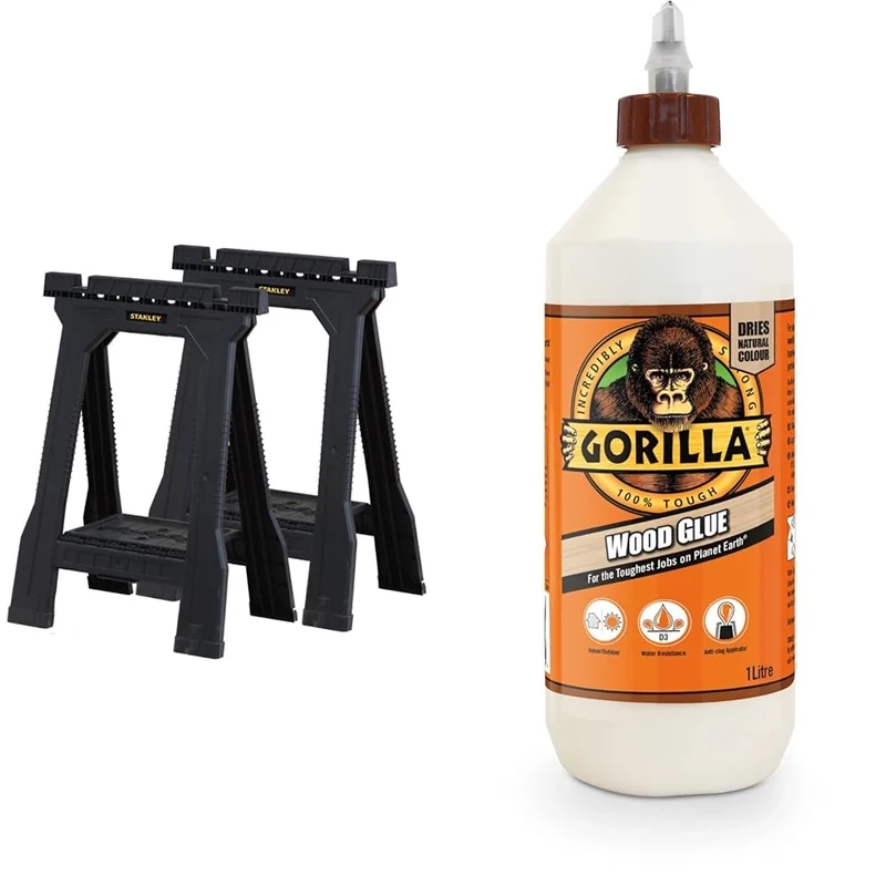 STANLEY Folding Junior Work Bench Saw Horse Twin Pack, with Tray for Tools and Small Parts, STST1-70355, Black & Gorilla 5044360 Glue Wood Glue 1L