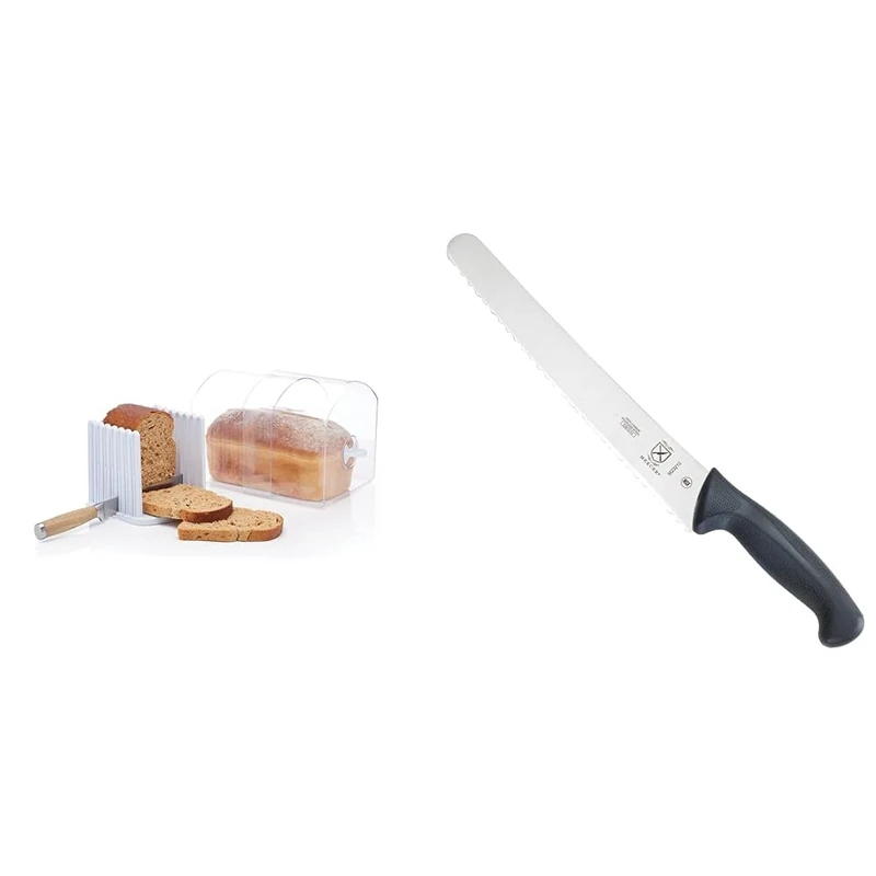 KitchenCraft Stay Fresh Bread Bin, Large Bread Bin with Bread Slicer Guide, In Gift Box, Large, Plastic & Mercer Culinary M23210, Stainless Steel, Black, 10-Inch Wide Wavy Edge Bread Knife