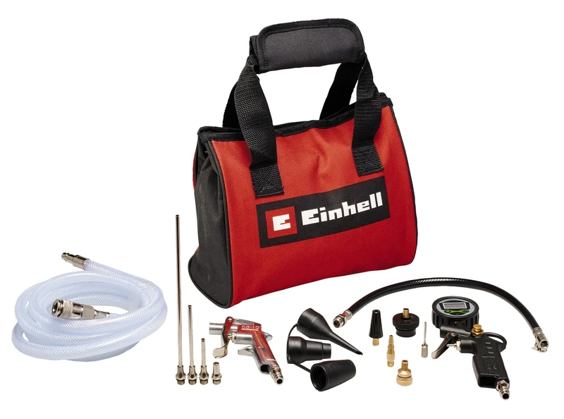 Original Einhell 15-Piece Compressed Air Set with Bag (Compressor Accessories, Includes 1x Blow Gun, 1x Digital Tyre Inflator, 2.5 m Fabric Hose, 8X Adaptors, 1x Bag)