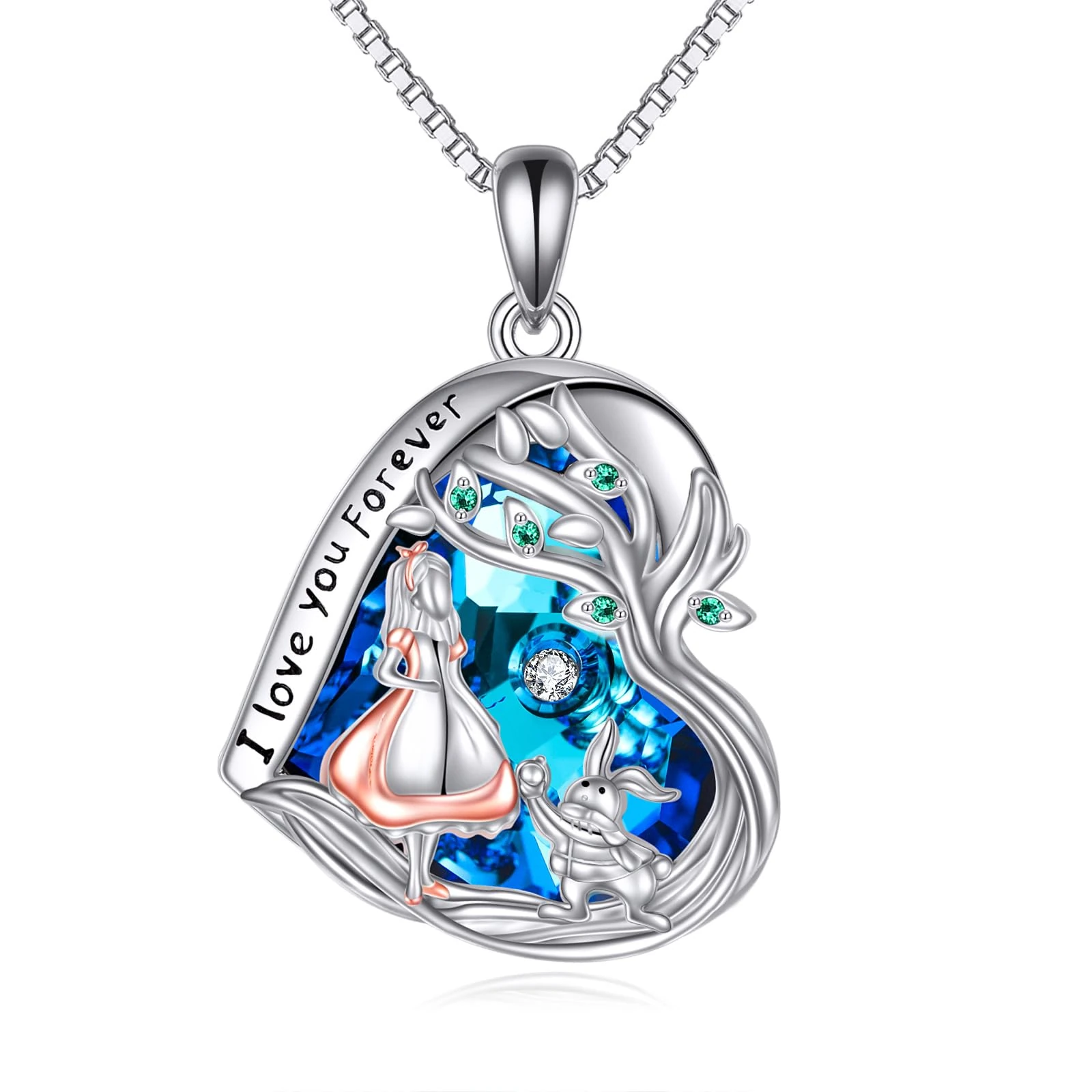 Vadmans Alice in Wonderland Necklace Sterling Silver Heart Crystal Pendant Alice Rabbit Jewellery Gift for Women