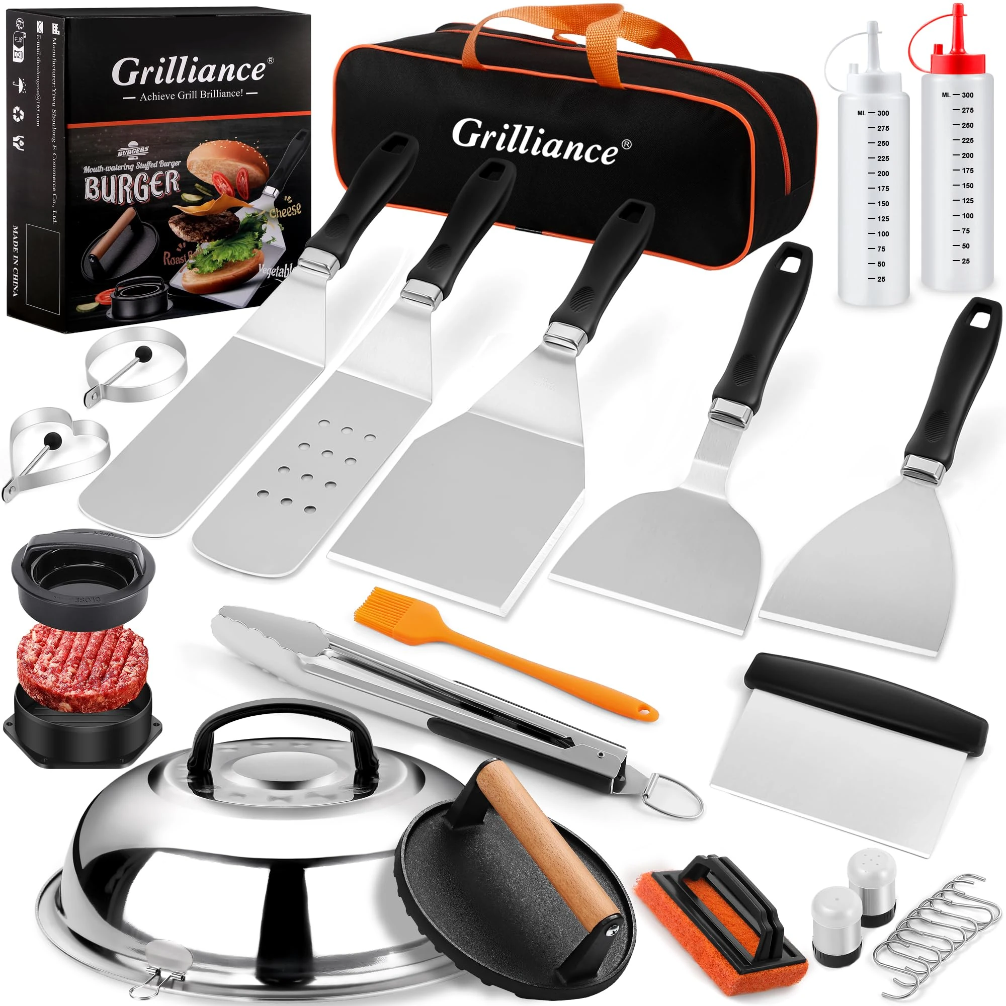 Grilliance 27pcs Griddle Accessories Kit for Blackstone, Professional Hibachi Flat Top Grill Tools, Enlarged Spatula Gift Set with Basting Cover, Smash Burger Press for BBQ Teppanyaki Plancha