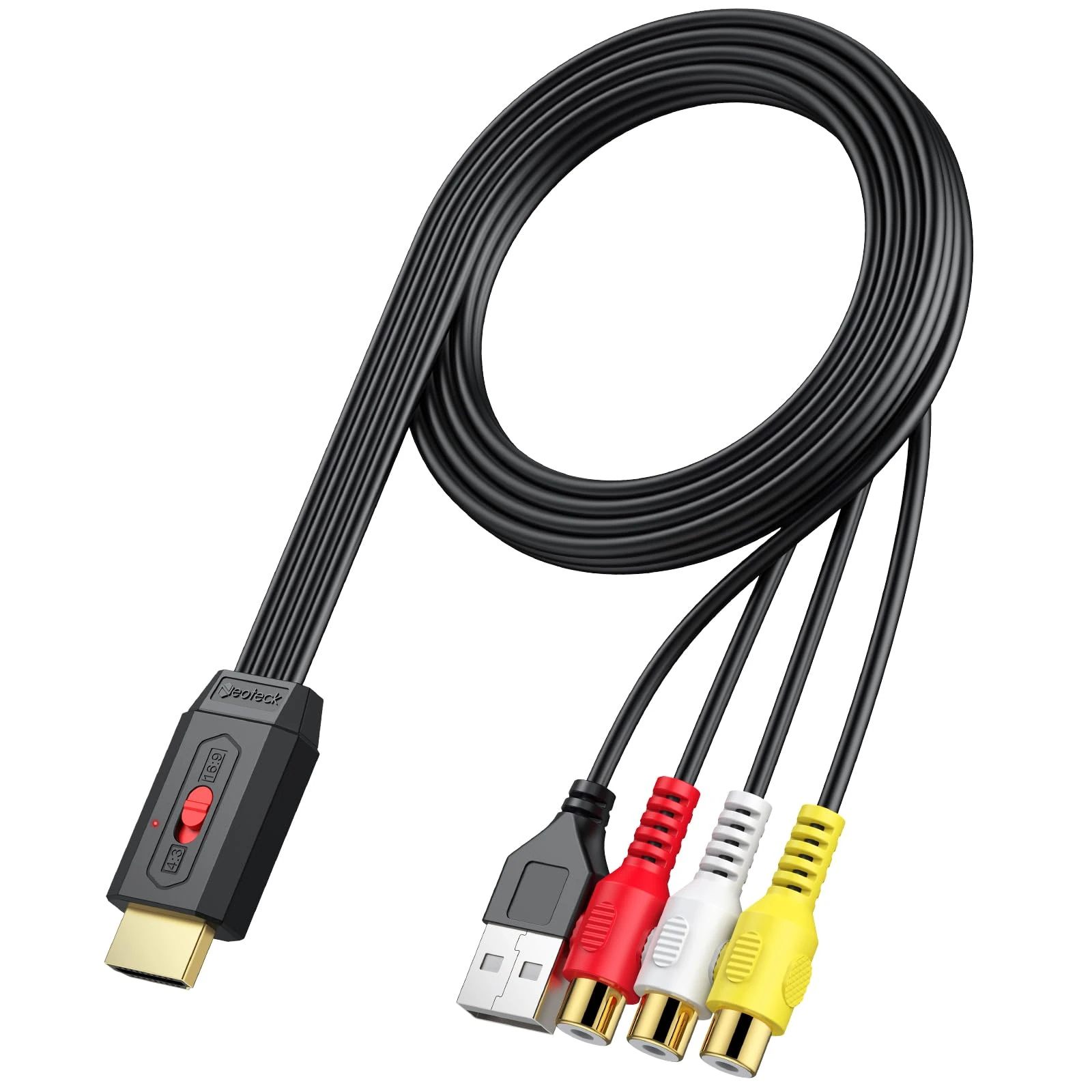 Neoteck RCA to HDMI Converter 60cm/2ft RCA to HDMI Cable Supports 16:9/4:3 Aspect Conversion Built-in AV Cable for Game Console Plug and Play Widely Used in Wii/PS2/N64-RCA Female Input