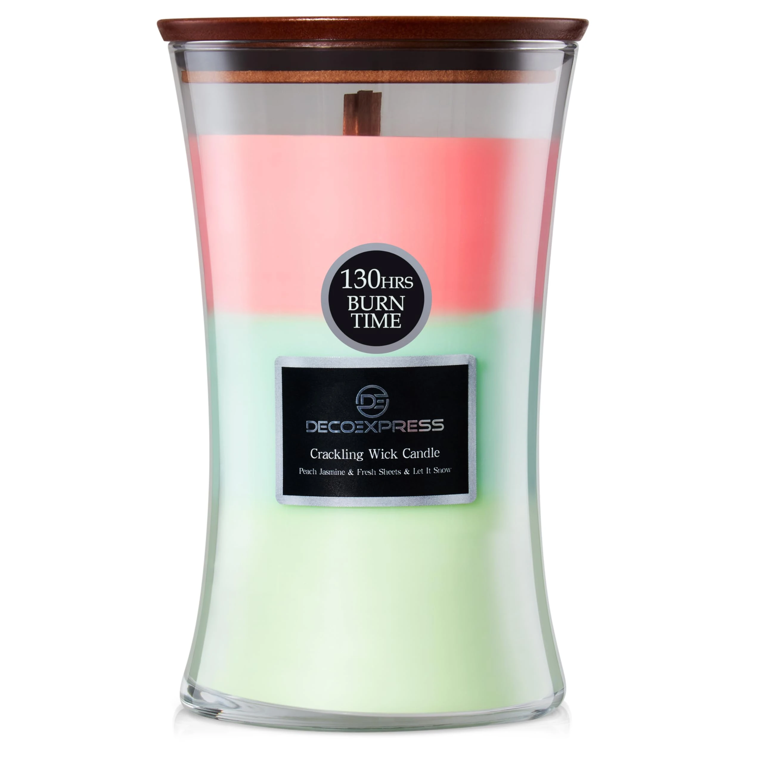 DECO EXPRESS Scented Candles with 3 Layer Scent Trilogy Crackle Wick Candle Up to 130 Hr Burn Time Hourglass Calming Home Decor Housewarming Gifts (Peach Jasmine/Fresh Sheets/Let it Snow)