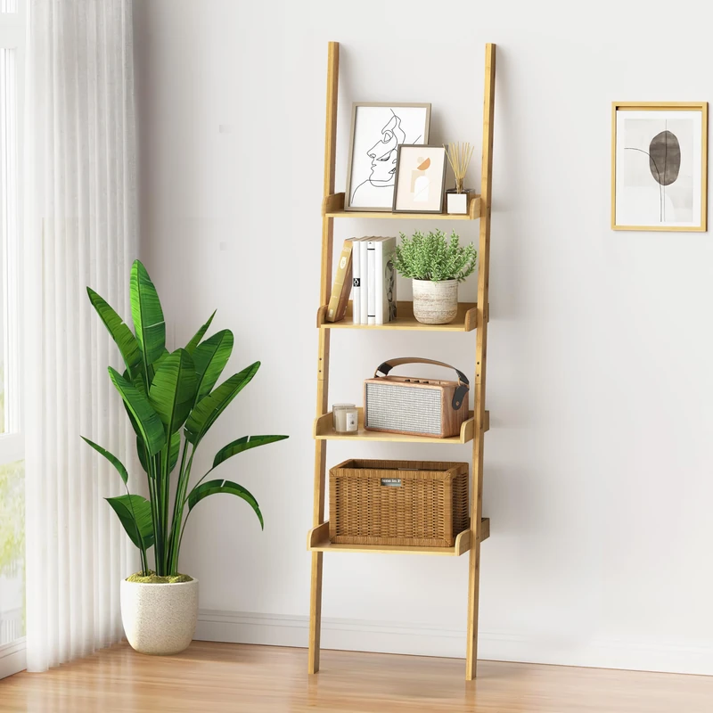 Ribelli Ladder Shelf with 4 Shelves, Bookcase Made of 100% Bamboo, Approx. 33 D x 43.5 W x 175 H cm, Standing Shelf Against Wall for Study, Living Room, Bathroom, Kitchen, 510301