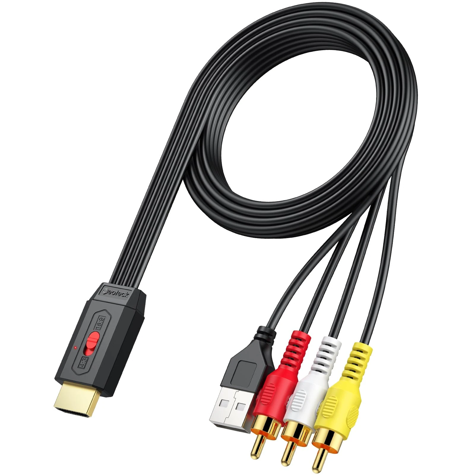 Neoteck RCA to HDMI Converter 150cm/5ft RCA to HDMI Cable Supports 16:9/4:3 Conversion Built-in AV Cable for Vintage Movies or Life Videos Plug and Play Widely Used in DVD VCR Player-RCA Male Input