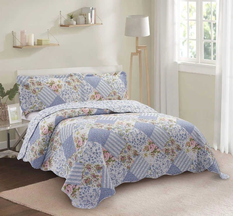 Brilliant Sunshine Blue Rose Patchwork, 3-Piece Quilt Cover Set with 2 Shams, Reversible Bedspread, Soft Lightweight Coverlet, All-Season, King, Blue Rose