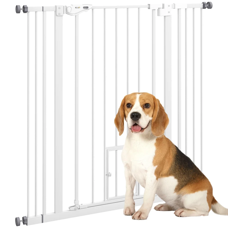 PawHut Extra Tall Dog Gate with Cat Flap 104 cm Tall 74-101 cm Wide White