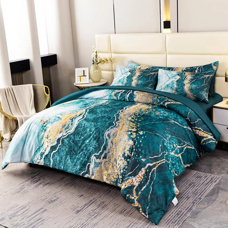 PERFEMET Aqua Marble Comforter Set King Size 6 Pcs Watercolor Green and Gold Bedding Comforter Set Soft Abstract Retro Style Tie Dyed Ombre Bed in A Bag with Sheet(Aqua, King)