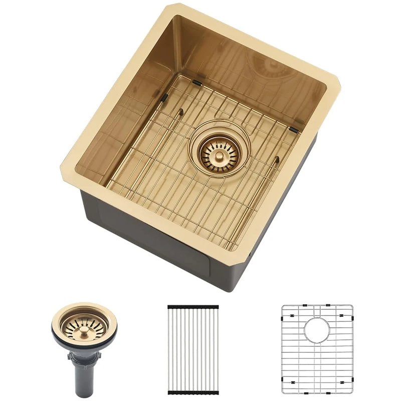 VASOYO 13x15 Inch Gold Bar Sink - Undermount Single Bowl Stainless Steel Kitchen Sink