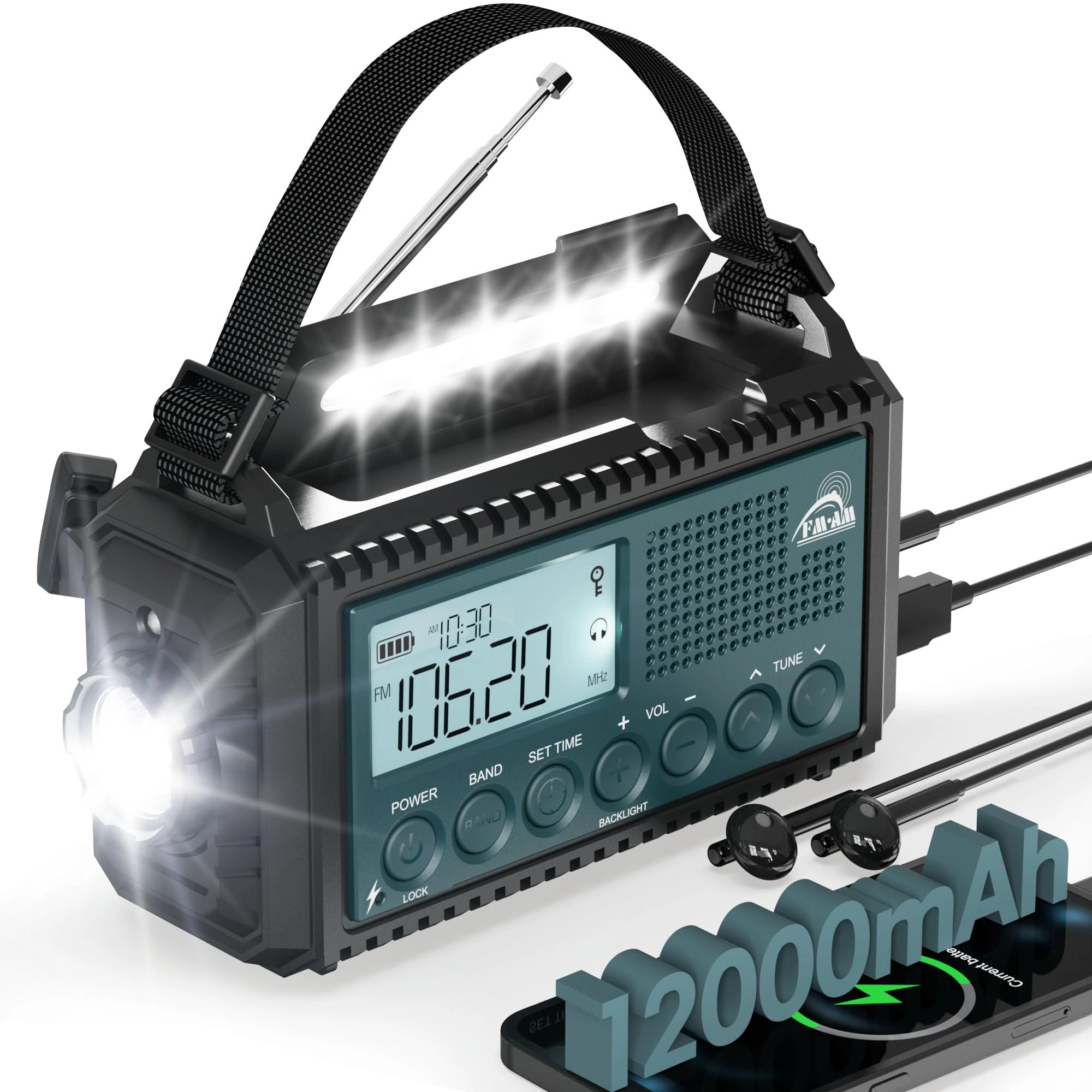 Roxicosly 12000mAh Wind Up Solar Radio with Phone Charger, Portable Emergency Hand Crank Radio AM/FM/SW with LED Torch & Reading Light, SOS Alarm, IPX6, Headphone Jack for Camping,Hiking