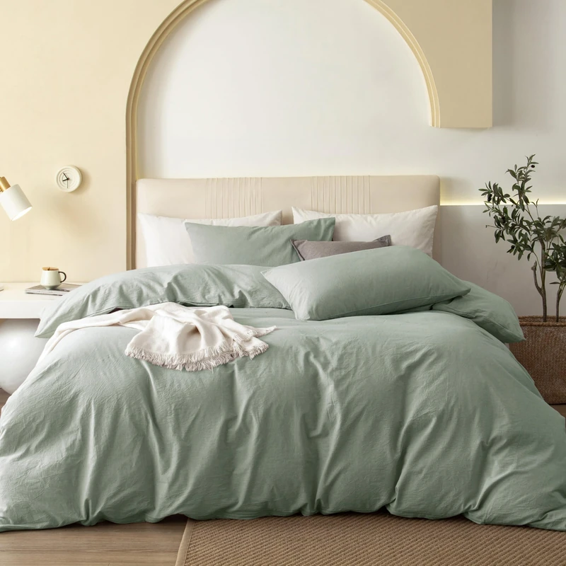 JIYUAN Oversized King Duvet Cover Set, 3-Piece - 100% Washed Cotton, Linen-Like Soft & Breathable with Zipper Closure, Includes 120x98 Inch Cover & 2 Pillowcases, Heathered Sage Green