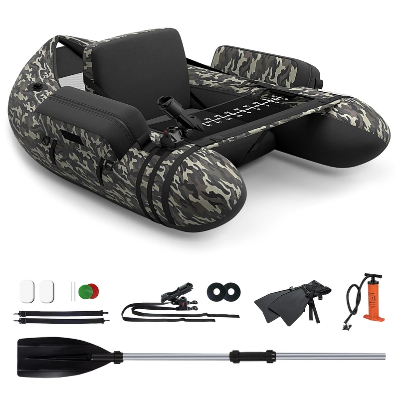 GYMAX Inflatable Fishing Float Tube, Fishing Boat with Adjustable Backpack Straps, Pump, Fish Ruler, Storage Pockets, Paddle, Rod Holder & Flippers, 150 KG Load Capacity (Camouflage, 135 x 110 x 54cm)